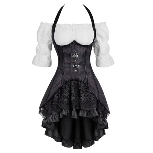 Jutrisujo Long Corsage Korsett Kleid 3 Set Damen Kostüm mit Piratenkostüm für Karneval Steampunk Fasching Halloween Lila 3XL von Jutrisujo