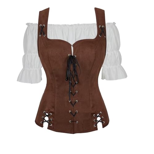 Jutrisujo Mittelalter Bluse Weste Set Damen Kleidung Renaissance Pirate Kostüm Gothic Mantel Steampunk Viktorianisch Cosplay Top Halloween Kaffee 2XL von Jutrisujo