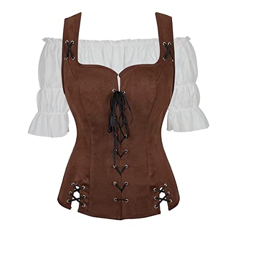 Jutrisujo Mittelalter Bluse Weste Set Damen Kleidung Renaissance Pirate Kostüm Gothic Mantel Steampunk Viktorianisch Cosplay Top Halloween Kaffee 3XL von Jutrisujo