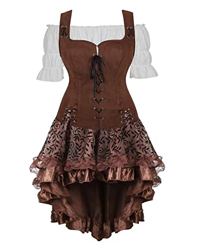 Jutrisujo Mittelalter Kleid Bluse Weste Set Damen Kleidung Renaissance Pirate Kostüm Gothic Mantel Steampunk Viktorianisch Cosplay Top Halloween Kaffee 2XL von Jutrisujo