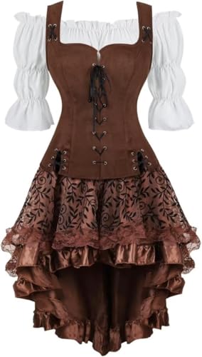 Jutrisujo Mittelalter Kleid Bluse Weste Set Damen Kleidung Renaissance Pirate Kostüm Gothic Mantel Steampunk Viktorianisch Cosplay Top Halloween Kaffee 2XL von Jutrisujo