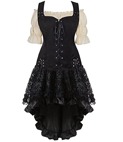 Mittelalter Kleid Damen Kleidung Renaissance Weste Bluse Rock 3PCS Piraten Kostüm Gothic Mantel Steampunk Cosplay Halloween Karneval Schwarz 2XL von Jutrisujo