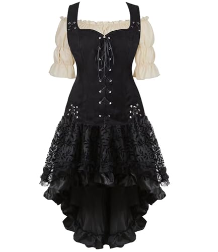Mittelalter Kleid Damen Kleidung Renaissance Weste Bluse Rock 3PCS Piraten Kostüm Gothic Mantel Steampunk Cosplay Halloween Karneval Schwarz 2XL von Jutrisujo