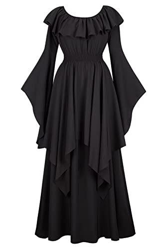 Jutrisujo Mittelalter Kleid Damen Renaissance mit Trompetenärmel Party Frauen Kleidung Kostüm Bodenlang Vintage Retro Festlich Schwarz L von Jutrisujo