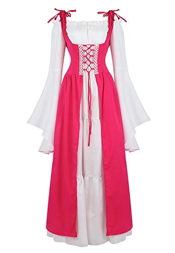 Jutrisujo Mittelalter Kleid Renaissance Damen mit Trompetenärmel Party Kostüm bodenlang Vintage Retro Costume Cosplay Rose rot XS von Jutrisujo