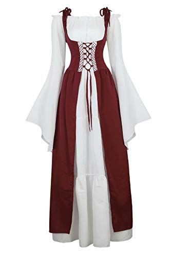 Jutrisujo Mittelalter Kleid Renaissance Damen mit Trompetenärmel Party Kostüm bodenlang Vintage Retro Costume Cosplay Weinrot 2XL von Jutrisujo