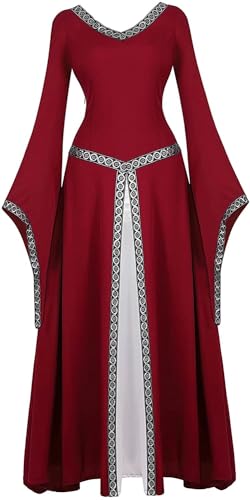 Jutrisujo Mittelalter Kleid Renaissance mit Trompetenärmel Party Kostüm bodenlang Vintage Retro Costume Cosplay Damen Weinrot 2XL von Jutrisujo