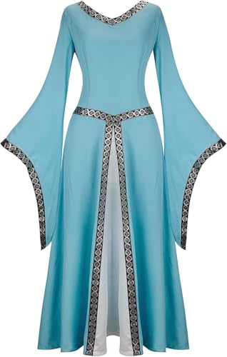 Jutrisujo Mittelalter Kleid Renaissance mit Trompetenärmel Party Kostüm bodenlang Vintage Retro Medieval Dress for Women Costume Cosplay Damen blau XL von Jutrisujo