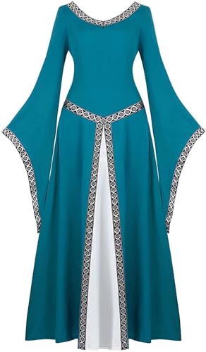 Jutrisujo Mittelalter Kleid mit Trompetenärmel Party Kostüm Maxikleid Vintage Retro Renaissance Johanna Night Damen Blau M von Jutrisujo