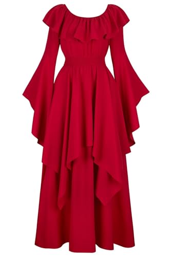 Jutrisujo Mittelalter Kleidung Damen Kleid Damen mit Trompetenärmel Party Kostüm Maxikleid Vintage Retro Renaissance Bodenlang Weinrot XL von Jutrisujo