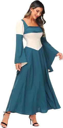 Jutrisujo Mittelalter Kleidung Damen Kleid Long mit Trompetenärmel Wikinger Party Kostüm Maxikleid Vintage Retro Renaissance Grün L von Jutrisujo