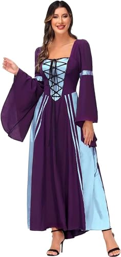 Jutrisujo Mittelalter Kleidung Damen Kleid Renaissance Medieval Dress Trompetenärmel Long Gothic Vikinger Kostüm Bodenlang Vintage Retro Festlich Lila M von Jutrisujo