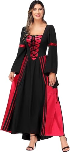 Jutrisujo Mittelalter Kleidung Damen Kleid Renaissance Medieval Dress Trompetenärmel Long Gothic Vikinger Kostüm Bodenlang Vintage Retro Festlich Weinrot L von Jutrisujo