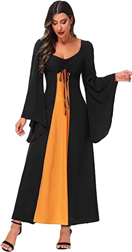 Jutrisujo Mittelalter Kleidung Damen Kleid Renaissance mit Trompetenärmel Party Frauen Kostüm Bodenlang Vintage Retro Festlich Schwarz 3XL von Jutrisujo