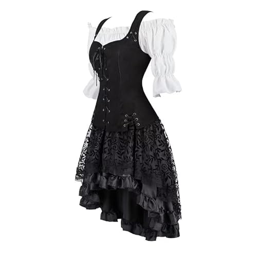 Jutrisujo Mittelalter Kleidung Damen Set Weste Bluse Kleid Wikinger Pirat Kostüm Renaissance Gothic Steampunk Cosplay Top Schnürung Oktoberfest Schwarz Weiß L von Jutrisujo