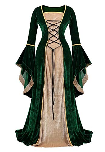 Jutrisujo Mittelalter Kleidung Damen samtkleid lang samt Kleid Renaissance viktorianischen kostüm maxikleid Vintage Retro trompetenärmel Grün XL von Jutrisujo