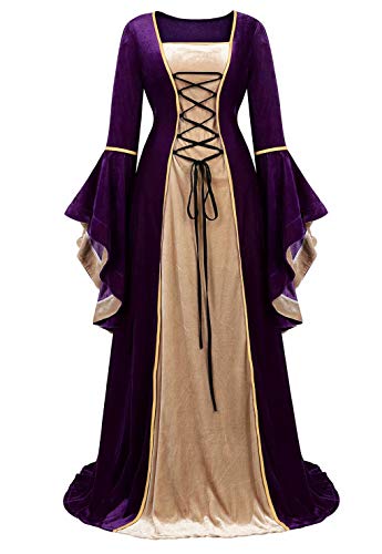 Jutrisujo Mittelalter Kleidung Damen samtkleid lang samt Kleid Renaissance viktorianischen kostüm maxikleid Vintage Retro trompetenärmel Lila 2XL von Jutrisujo