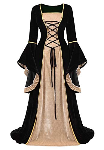 Jutrisujo Mittelalter Kleidung Damen samtkleid lang samt Kleid Renaissance viktorianischen kostüm maxikleid Vintage Retro trompetenärmel Schwarz L von Jutrisujo