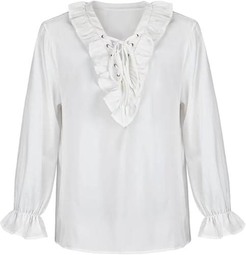 Jutrisujo Mittelalter Kleidung Herren Hemd Piratenhemd Kostüm Steampunk Rüschenhemd Vintage Piratenbluse Halloween Cosplay Wikinger Weiß 2XL von Jutrisujo