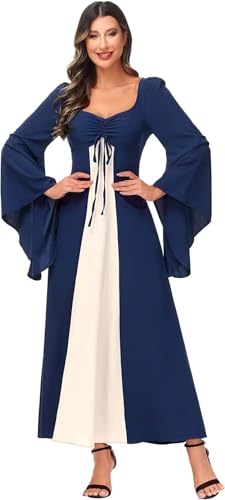 Jutrisujo Mittelalter Kleidung Kleid Damen Mittelalterliche Kleid mit Trompetenärmel Mittelalter Party Kostüm Maxikleid Hexenkostüm Blau 3XL von Jutrisujo