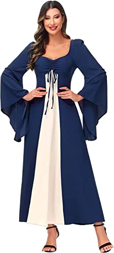 Jutrisujo Mittelalter Kleidung Kleid Damen Mittelalterliche Kleid mit Trompetenärmel Mittelalter Party Kostüm Maxikleid Hexenkostüm Blau S von Jutrisujo