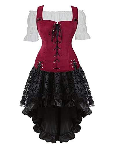 Jutrisujo Mittelalter Kleidung Kleid Renaissance Weste Bluse 3 Pcs Damen Pirat Kostüm Wikinger Gothic Mantel Steampunk Sexy Cosplay Weinrot L von Jutrisujo