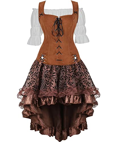 Jutrisujo Mittelalter Kleidung Kleid Renaissance Weste Bluse 3PCS Set Damen Piraten Kostüm Gothic Mantel Steampunk Cosplay Halloween Karneval Braun M von Jutrisujo