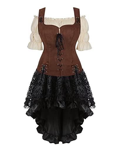 Jutrisujo Mittelalter Kleidung Kleid Weste mit Bluse 3Set Damen Pirat Kostüm Renaissance Gothic Mantel Steampunk Cosplay Top mit Schnürung Oktoberfest Kaffee L von Jutrisujo