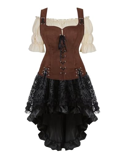 Jutrisujo Mittelalter Kleidung Kleid Weste mit Bluse 3Set Damen Pirat Kostüm Renaissance Gothic Mantel Steampunk Cosplay Top mit Schnürung Oktoberfest Kaffee L von Jutrisujo