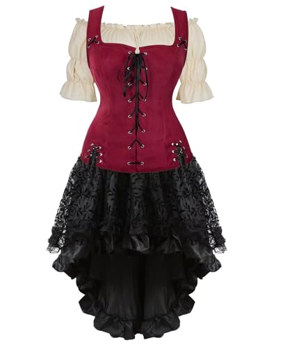 Jutrisujo Mittelalter Kleidung Kleid Weste mit Bluse 3Set Damen Steampunk Pirate Kostüm Gothic Mantel Renaissance Cosplay Top Halloween Weinrot 3XL von Jutrisujo