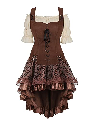 Jutrisujo Mittelalter Kleidung Kleid Weste mit Bluse Set Damen Pirat Kostüm Renaissance Gothic Mantel Steampunk Cosplay Top mit Schnürung Oktoberfest Kaffee L von Jutrisujo