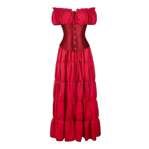 Jutrisujo Mittelalter Kleidung Korsett Set Damen Kleid Renaissance Medieval Dress Gothic Vikinger Kostüm Bodenlang Vintage Karneval Festlich Rot M von Jutrisujo