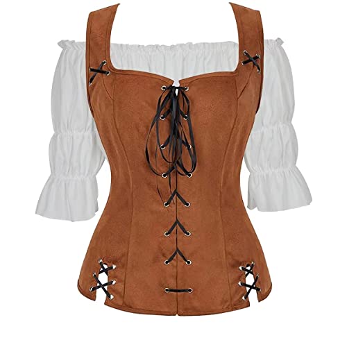 Jutrisujo Mittelalter Kleidung Renaissance Weste Bluse 2PCS Set Damen Pirat Kostüm Gothic Mantel Steampunk Cosplay Halloween Karneval Braun 3XL von Jutrisujo