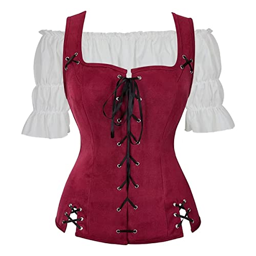 Jutrisujo Mittelalter Kleidung Renaissance Weste Bluse 2PCS Set Damen Pirat Kostüm Wikinger Gothic Mantel Steampunk Sexy Cosplay Weinrot 2XL von Jutrisujo