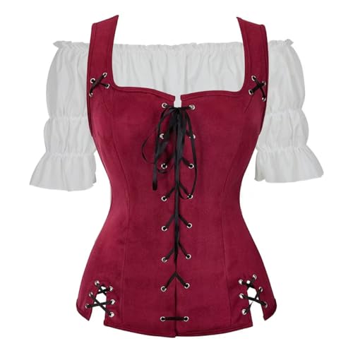 Jutrisujo Mittelalter Kleidung Renaissance Weste Bluse 2PCS Set Damen Pirat Kostüm Wikinger Gothic Mantel Steampunk Sexy Cosplay Weinrot L von Jutrisujo