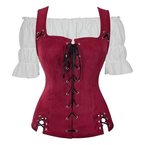 Jutrisujo Mittelalter Kleidung Renaissance Weste Bluse 2PCS Set Damen Pirat Kostüm Wikinger Gothic Mantel Steampunk Sexy Cosplay Weinrot L von Jutrisujo