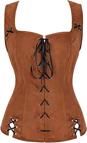 Jutrisujo Mittelalter Kleidung Renaissance Weste Damen Pirat Kostüm Gothic Mantel Steampunk Cosplay Top mit Schnürung Oktoberfest Braun XS von Jutrisujo