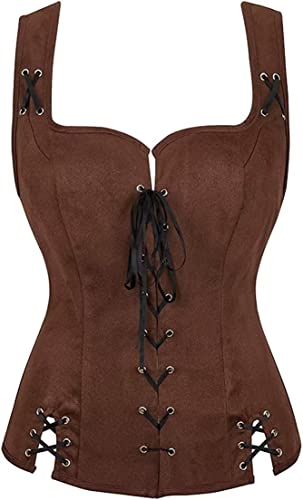 Jutrisujo Mittelalter Kleidung Renaissance Weste Damen Pirat Kostüm Gothic Mantel Steampunk Cosplay Top mit Schnürung Oktoberfest Kaffee 2XL von Jutrisujo