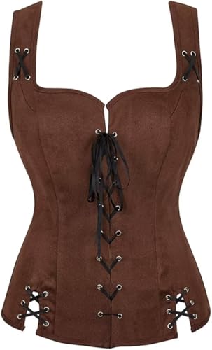 Jutrisujo Mittelalter Kleidung Renaissance Weste Damen Pirat Kostüm Gothic Mantel Steampunk Cosplay Top mit Schnürung Oktoberfest Kaffee S von Jutrisujo