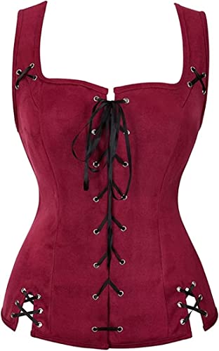 Jutrisujo Mittelalter Kleidung Renaissance Weste Damen Pirat Kostüm Gothic Mantel Steampunk Cosplay Top mit Schnürung Oktoberfest Weinrot 3XL von Jutrisujo