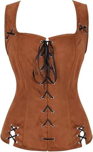 Jutrisujo Mittelalter Kleidung Renaissance Weste Damen Pirate Kostüm Gothic Mantel Steampunk Cosplay Top mit Schnürung Oktoberfest Braun 2XL von Jutrisujo