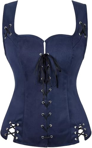 Jutrisujo Mittelalter Kleidung Renaissance Weste Damen Pirate Kostüm Gothic Mantel Steampunk Cosplay Top mit Schnürung Oktoberfest Dunkelblau L von Jutrisujo