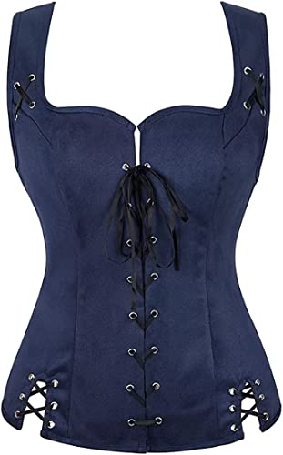 Jutrisujo Mittelalter Kleidung Renaissance Weste Damen Pirate Kostüm Gothic Mantel Steampunk Cosplay Top mit Schnürung Oktoberfest Dunkelblau XL von Jutrisujo