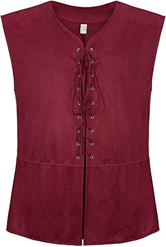 Jutrisujo Mittelalter Kleidung Renaissance Weste Herren Pirat Kostüm Gothic Mantel Steampunk Cosplay Top mit Schnürung Oktoberfest Weinrot 3XL von Jutrisujo