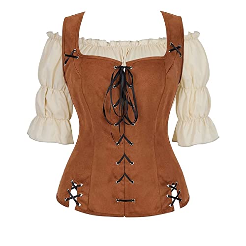 Jutrisujo Mittelalter Kleidung Weste mit Bluse Set Damen Pirat Kostüm Gothic Mantel Steampunk Renaissance Cosplay Top Halloween Braun 3XL von Jutrisujo