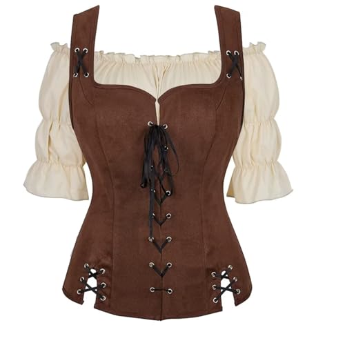 Jutrisujo Mittelalter Kleidung Weste mit Bluse Set Damen Pirat Kostüm Renaissance Gothic Mantel Steampunk Cosplay Top mit Schnürung Oktoberfest Kaffee 2XL von Jutrisujo