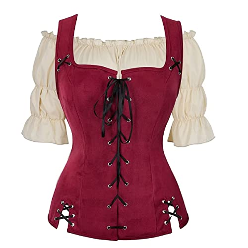 Jutrisujo Mittelalter Kleidung Weste mit Bluse Set Damen Steampunk Pirate Kostüm Gothic Mantel Renaissance Cosplay Top Halloween Weinrot M von Jutrisujo