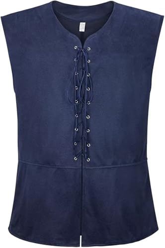 Jutrisujo Mittelalter Kostüm Herren Weste Renaissance Kleidung Pirate Gothic Mantel Steampunk Cosplay Top mit Schnürung Oktoberfest Dunkelblau M von Jutrisujo
