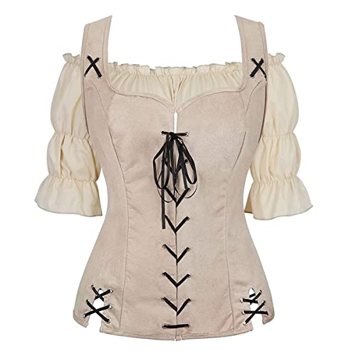 Jutrisujo Pirat Weste mit Bluse Set Damen Renaissance Mittelalter Kleidung Kostüm Gothic Mantel Steampunk Cosplay Sexy Vintage Top Aprikose M von Jutrisujo