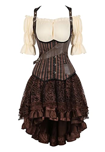 Jutrisujo Piraten Kleid Damen Set Unterbrust Korsett Steampunk Rock Top Kostüm Corset Dress Schnüren Große Größen Halloween Braun S von Jutrisujo